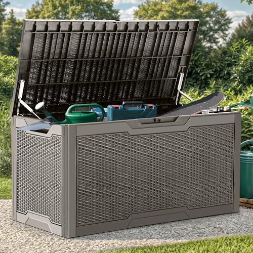 YITAHOME 100 Gallon Large Deck Box, Outdoor Resin Storage Boxes for Patio Furniture, Outdoor Cushions, Garden Tools, Water Resistant and Lockable by YITAHOME - Used condition - US$68.93