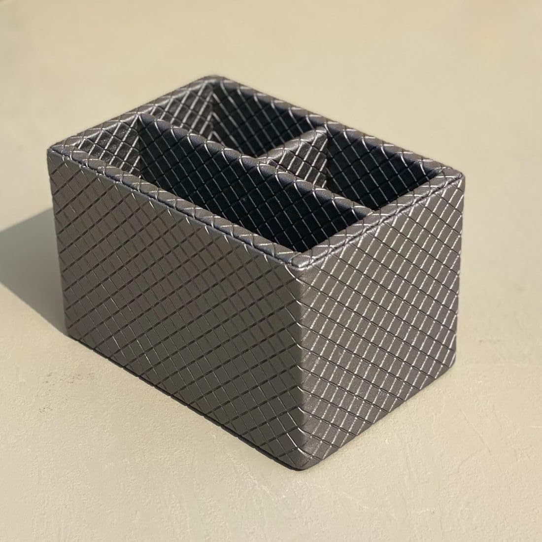 MASON HOME Vegan Leather & Mdf Braided Cutlery Holder - 1pc - L 6" x B 4" x H 4" | Decorative Multifunctional Organizer Stand & Tray | Kitchen - Dining Table | Spoon - Knife - Storage (Grey)