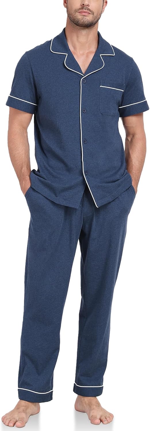 Mens Pajamas Set 100% Cotton Men's Short Sleeve Long Pants Sleepwear Soft Loungewear Button Down 2 Pieces Pjs Set