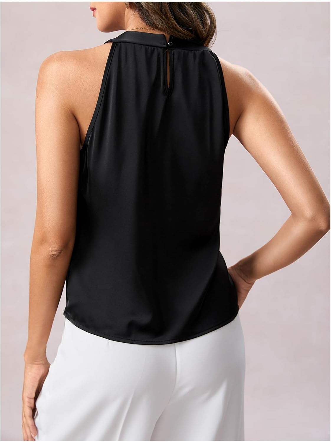 SweatyRocks Women's Pleated Halter Sleeveless Satin Blouse Keyhole Back Tank Top - Image 2