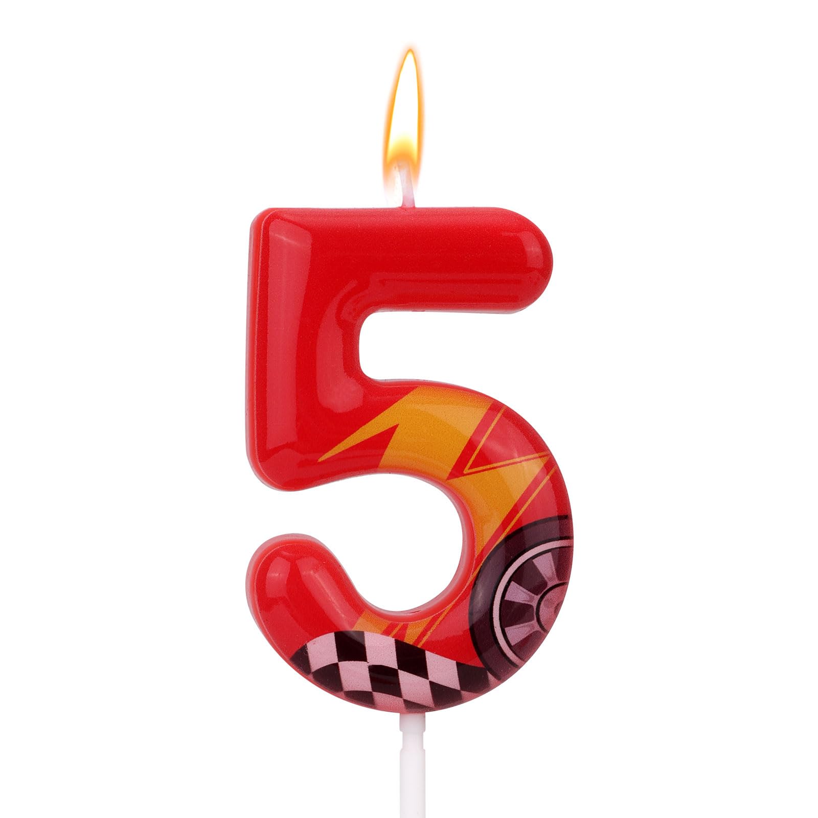 Bougie d'Anniversaire Thème Voitures Course Numéro 5 Rouge Forme Voiture pour Gâteau