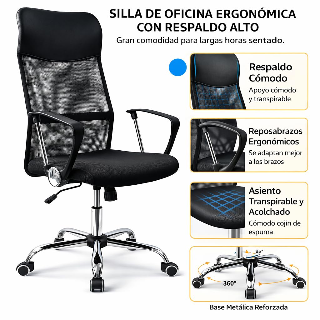 T-LOVENDO.ES Silla de Oficina ergonómica para Escritorio u Oficina. Respaldo Alto de Malla Transpirable y Piel sintética. Giratoria y con Ruedas. Diseño Bonito y Elegante. hasta 150kg.