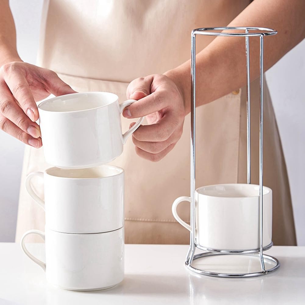 Tazas de Capuchino Apilables de Porcelana con Platillos y Soporte de Metal, Tazas de Espresso para Café con Leche, Café de Especialidad A