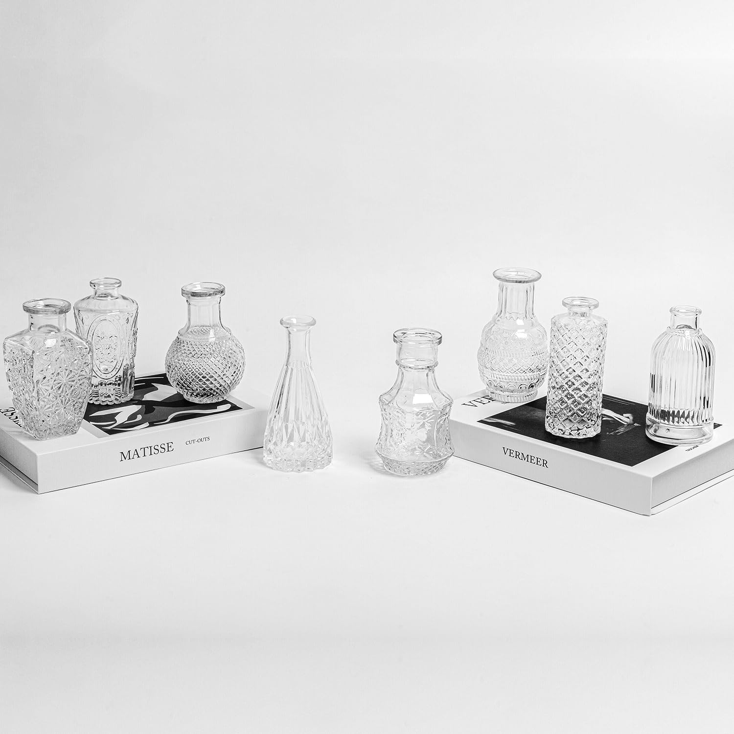 Juego de 8 jarrones de cristal para flores, pequeños jarrones a granel, jarrones vintage transparentes para centros de mesa, jarrones de cristal en relieve modernos para bodas, hogar, oficina