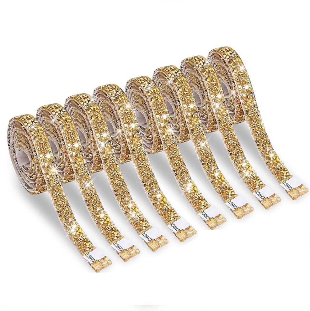 8 Rolls Gold Resin Rhinestone Ribbons Self-Adhesive Crystal Ribbon Roll Glitter Resin Diamond Belt Bling Sparkling Diamond Ribbon Bling Stickers Wrap Crystal Roll for DIY Arts Crafts,10mm — image 1