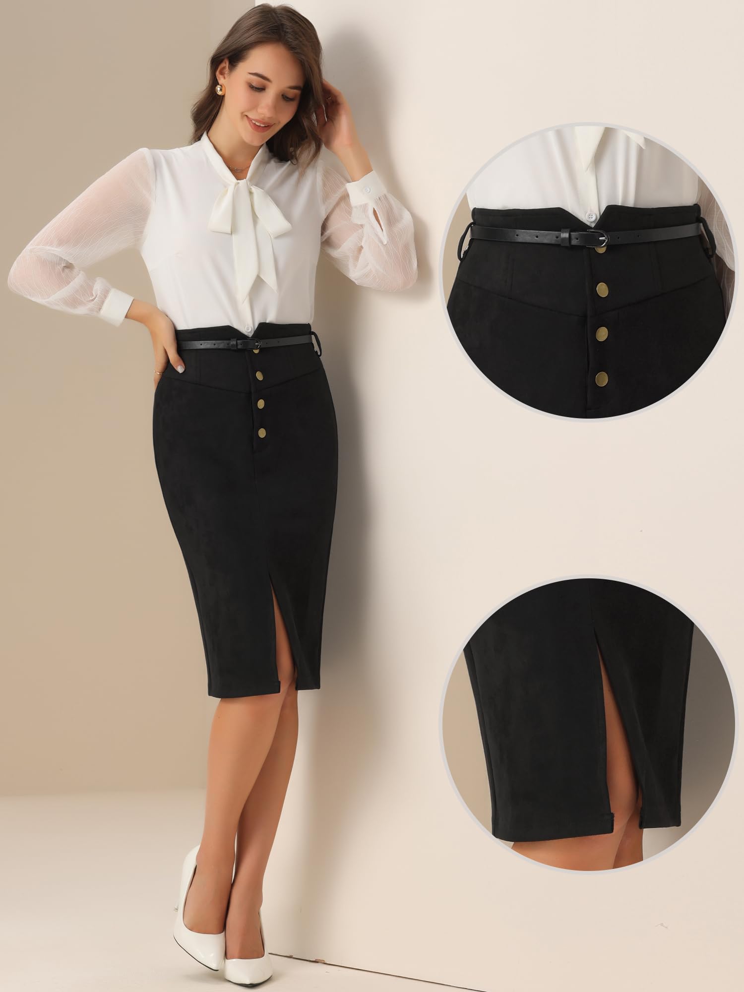 Allegra K Donna Gonna Finta Pelle Scamosciata Vita Alta A-Line con Spacco
