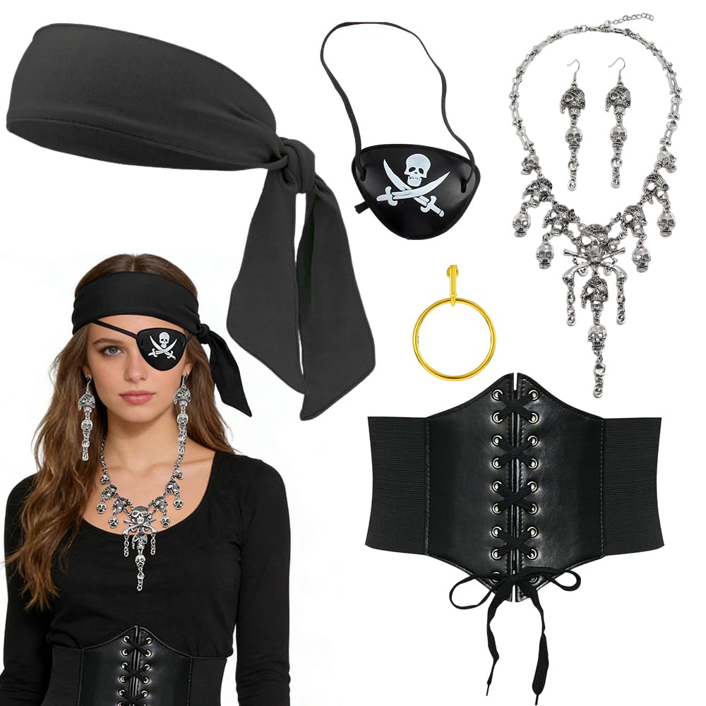 WFKKMEQ Pirate Costume Accessories Set, 6PCS Women Pirate Fancy Dress Accessories with Bandana Eye Patch Waist Belt Necklace Earrings Role Play Outfit for Pirates Party, Cosplay, Carnival(Black)