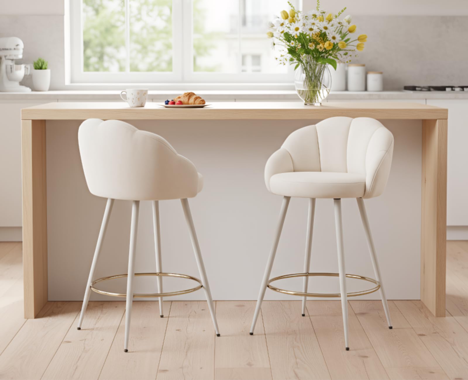 chairus Barstuhl 2er Set Samt Küchenhocker muschelform mit Lehne Beige | Modern Tresenhocker Gepolstert Barstuhl mit Metallbeine, Bistrohocker mit Fußstütze für Küche Hausbar Esszimmer