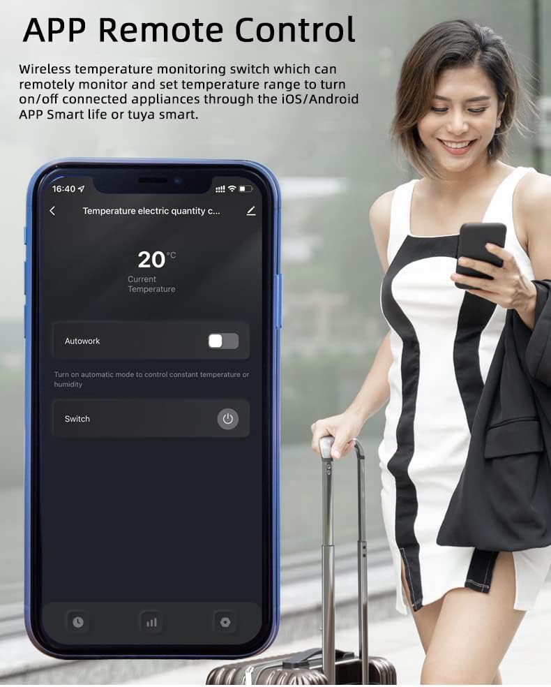 Smartphone screen showing current temperature in Tuya Smart Life app with an 'Autowork' toggle and a 'Switch' button