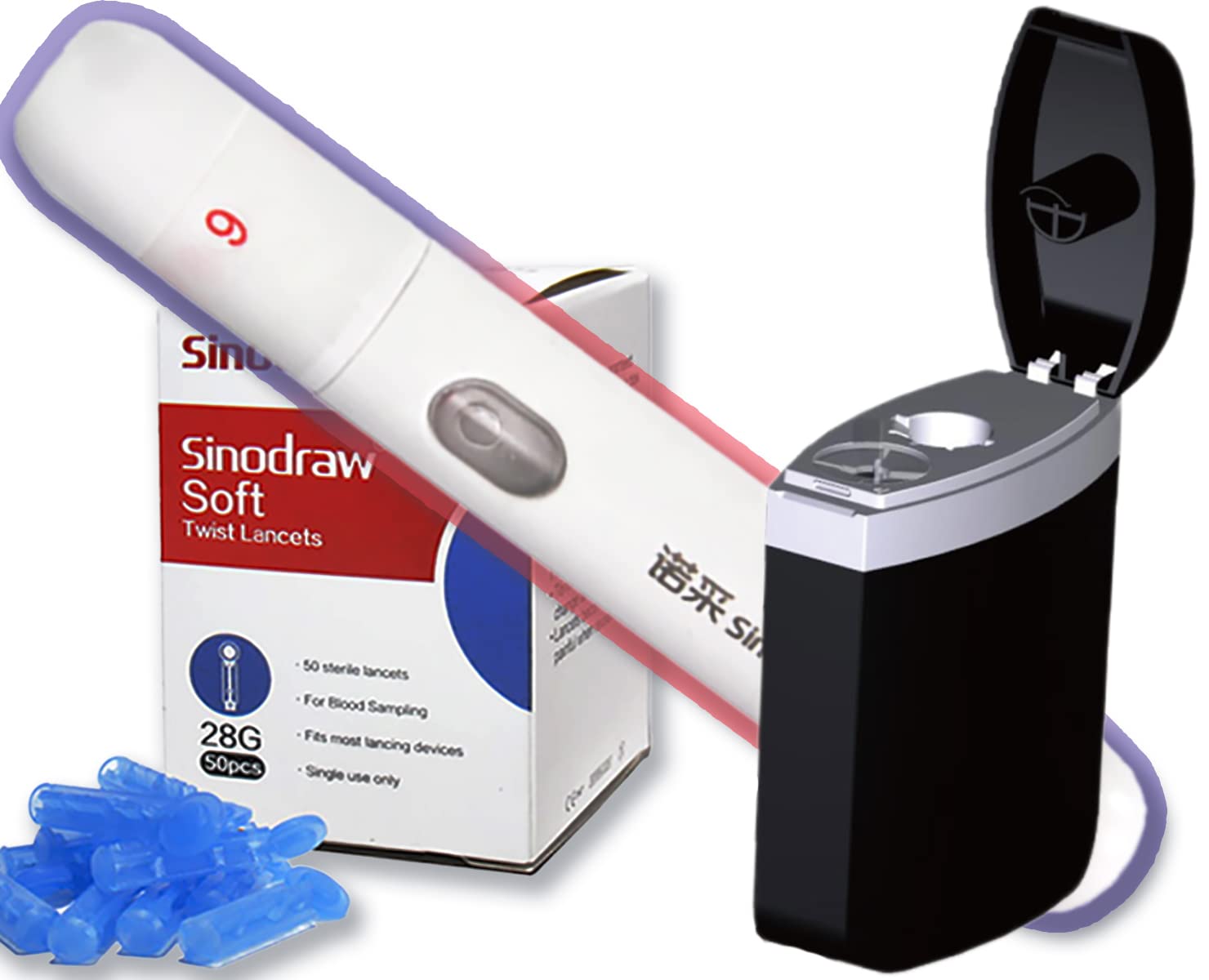 Sinocare Lancing Device + 50 Lancets + Sharps Disposal Bin Blood Test Glucose Monitor Diabetic Pen Testing Kits Uk, Cholesterol Home Test, Blood Type, Ketone Meter, Hba1c Diabetes Check Sterile Needle