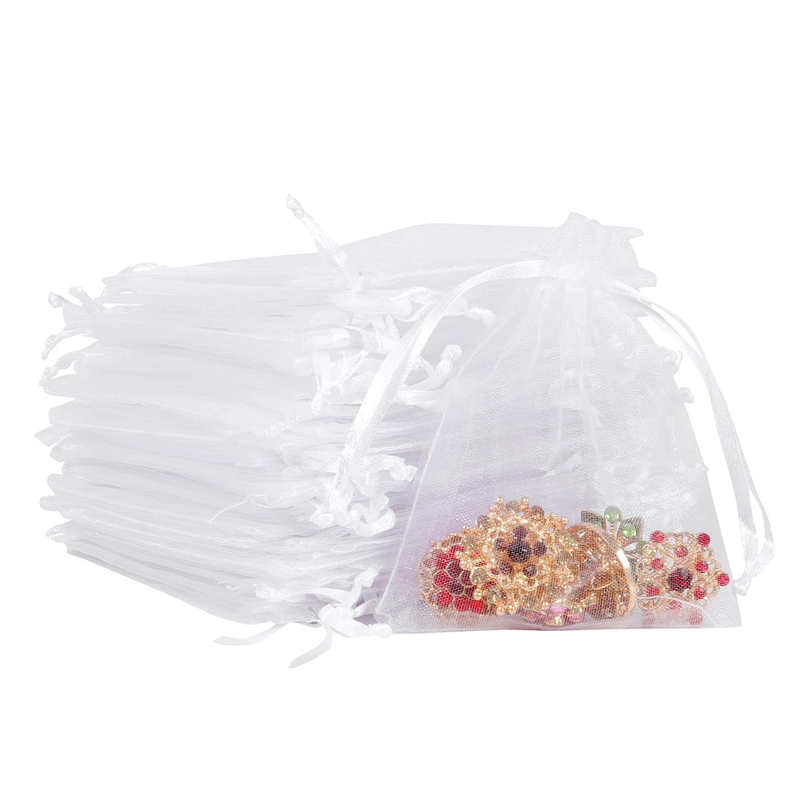 Lot de 100 petits sacs en organza avec cordon de serrage - 7 x 9 cm - Blanc