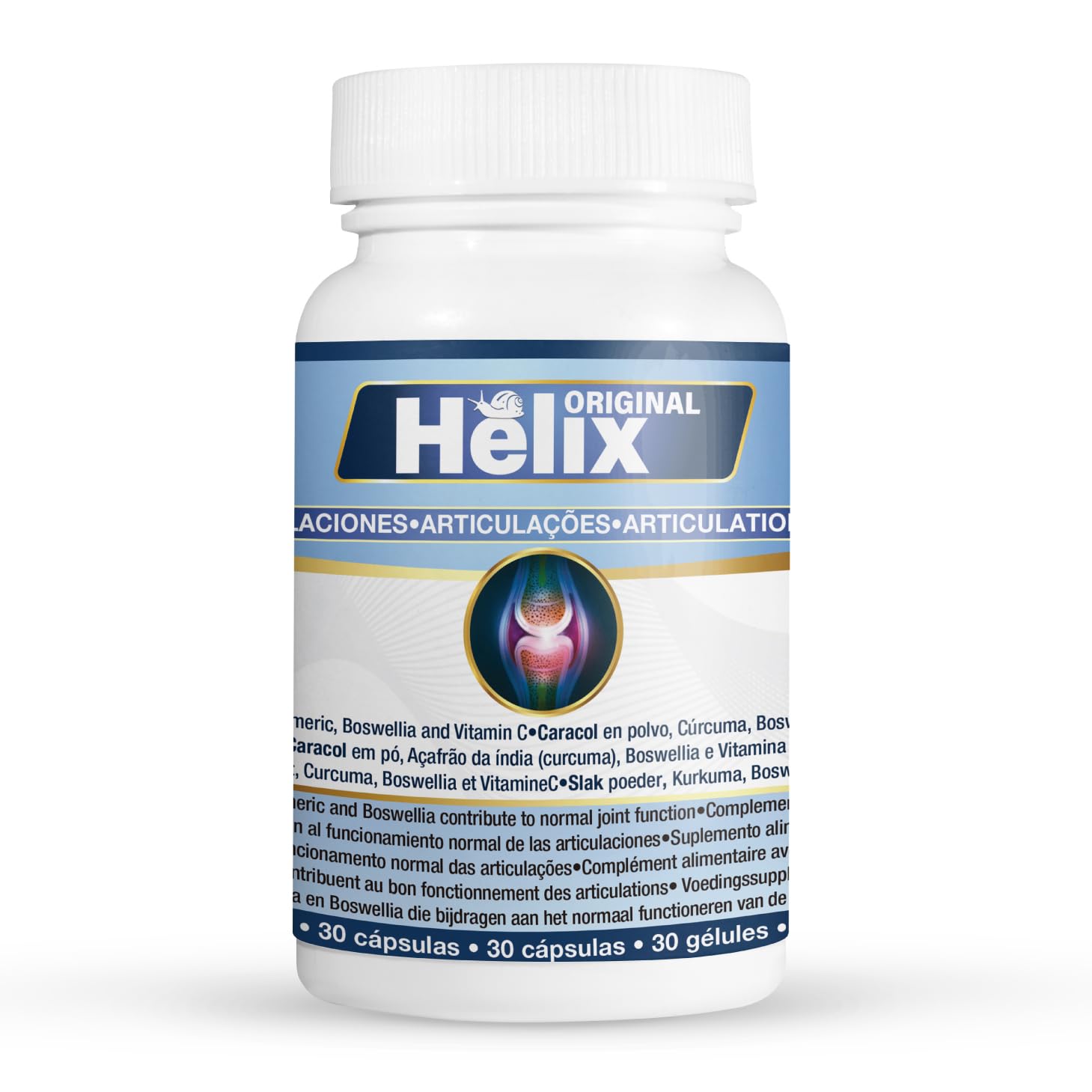 Helix Original | Suplemento Alimenticio Natural para la Ayuda Articular | Vitaminas con Cúrcuma, Boswelia, Extracto de Caracol y Vitamina C para ayudar en formación del Colágeno | 1 Bote (30 cápsulas)