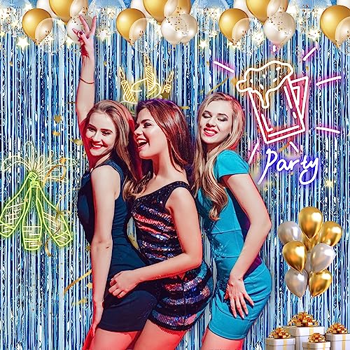 Image of 2 Pack 3.28 ft x 6.56 ft Light Blue Tinsel Curtain Party Backdrop - Metallic Foil Fringe Backdrop Door for Halloween, Christmas, Birthday Graduation Wedding Party Streamers Photo Backdrop.