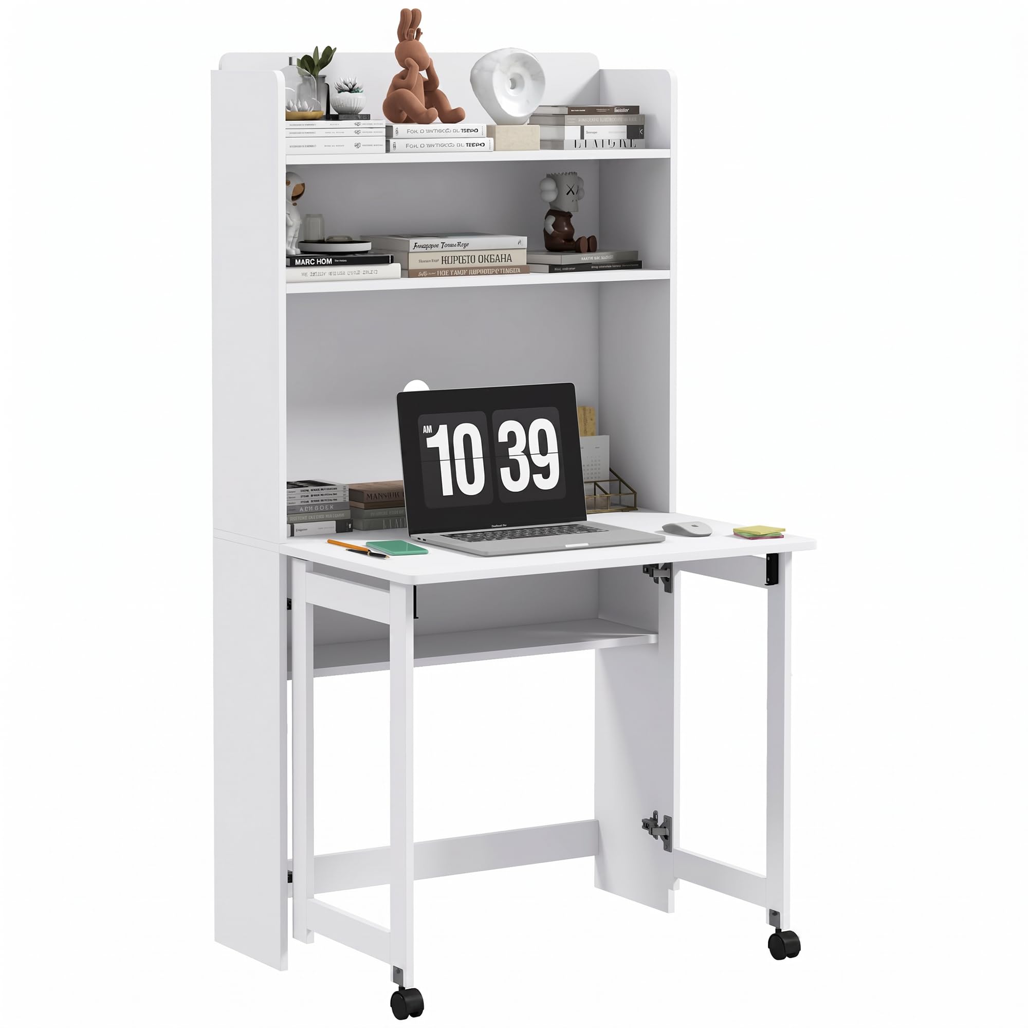 HOMCOM Scrivania con Libreria, Piano Pieghevole, 80x69x155 cm, Bianco | 2 Ruote e 4 Ripiani, Scrivania Salvaspazio Moderna con Foro Passacavi, Tavolo per Computer, Casa Ufficio Studio