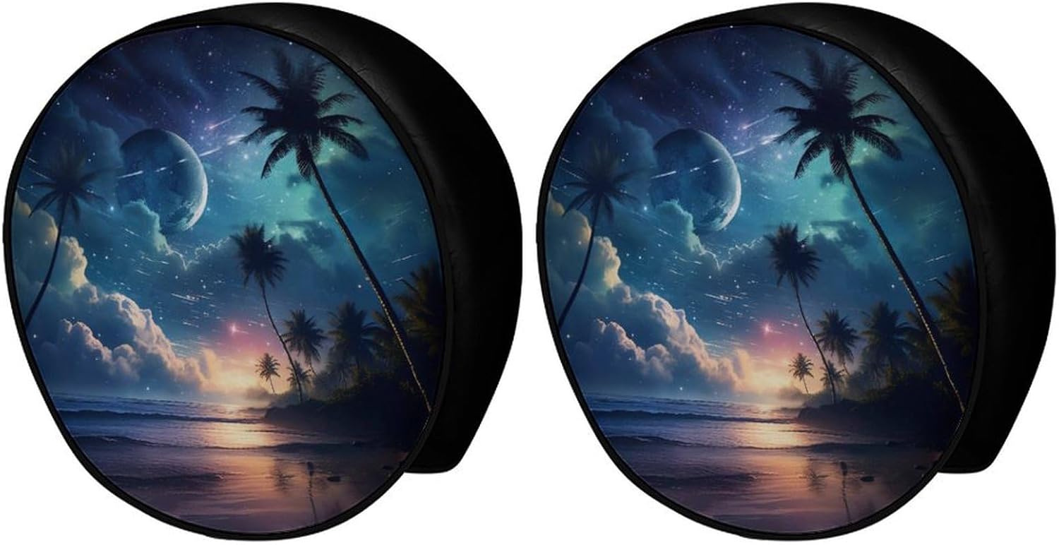 Palm Trees Wave Clouds Stars Night Scenery Spare Tire Covers 2 Pack Dust-Proof Wheel Tire Cover Tires Protector for Trailer Camper Truck RV SUV Fits Tire Diameters 39"-42" Inch