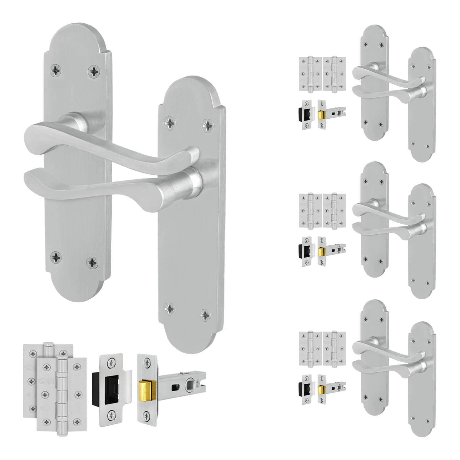 EAI Satin Door Handles Latch Set, 4 Pairs Internal Satin Chrome Victorian Scroll Backplate, Hinges, Latch 64mm
