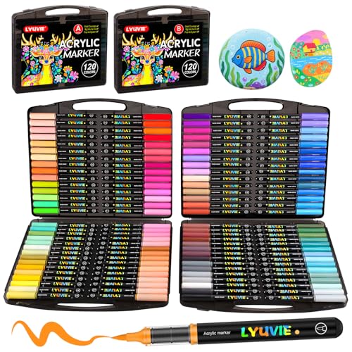 Lyuvie 120 Couleurs de Feutre Acrylique, Acrylic Paint Marker à Peinture à Base D'eau, Marqueur Peinture Acrylique pour la Peinture sur Pierre,Bois, Papier, Tissu, Galets, Verre, Plastique