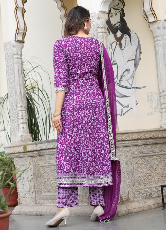 Image of NASRO Women's Viscose Rayon Printed Embroidered Round Neck 3 /4th Sleeves Anarkali Kurta & Pant Suit Set /Salwar Suit Set (Purple)