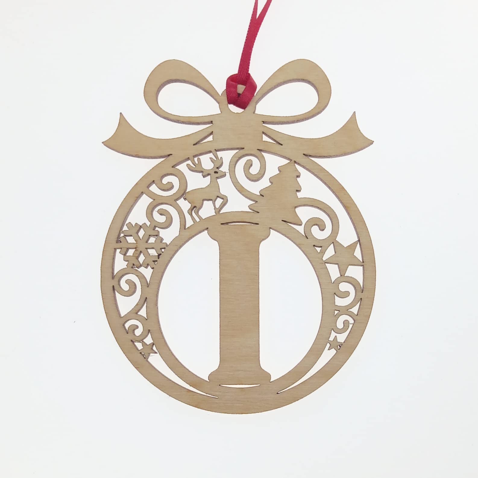 Personalised Christmas tree bauble decoration pendant ornament: Letter I, Natural Wood, Small - Image 3