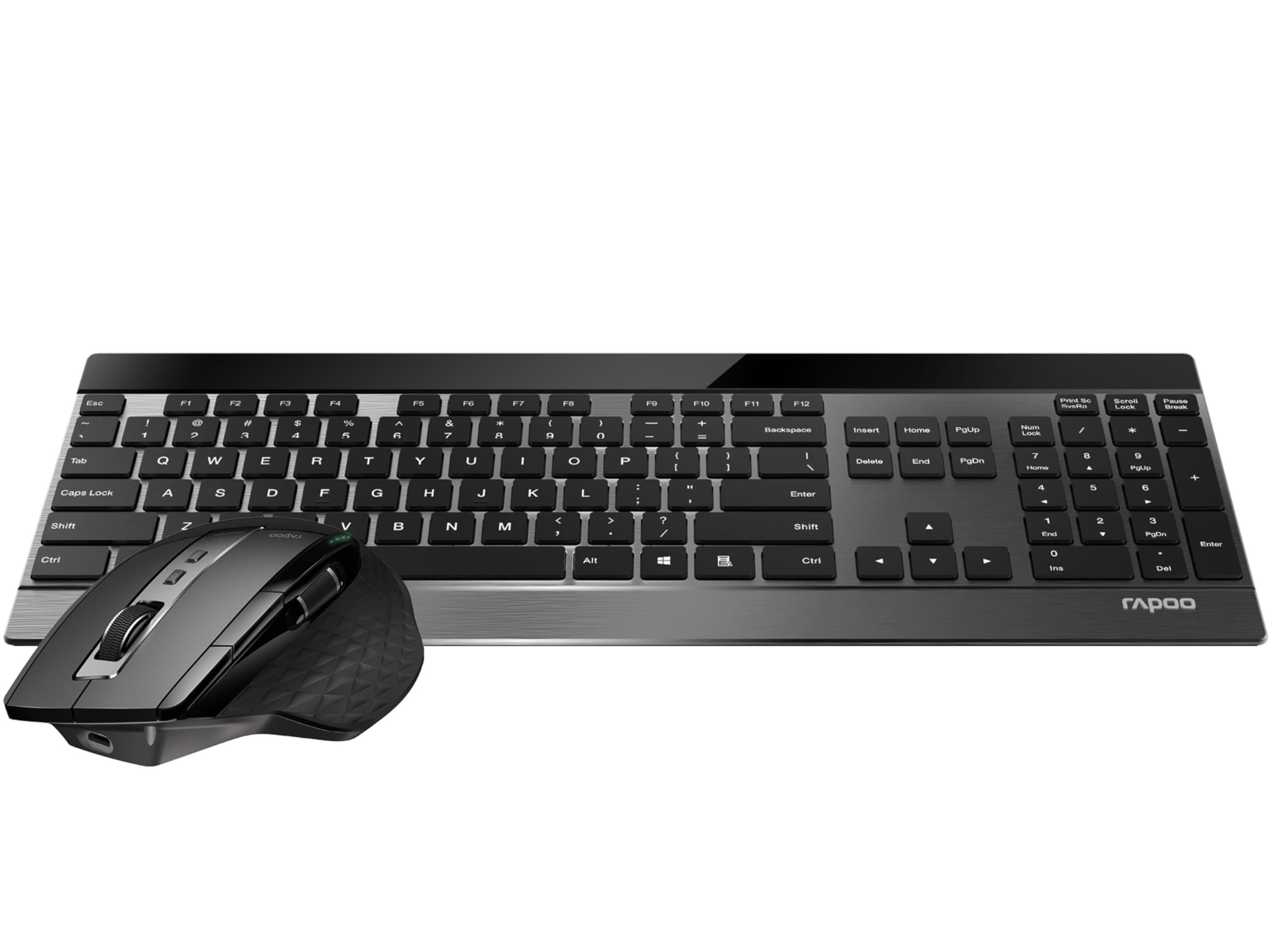 Rapoo 9900M kabelloses Tastatur-Maus Set Wireless Deskset 3200 DPI Sensor wiederaufladbarer Akku flaches Aluminium Design DE-Layout QWERTZ PC & Mac - schwarz