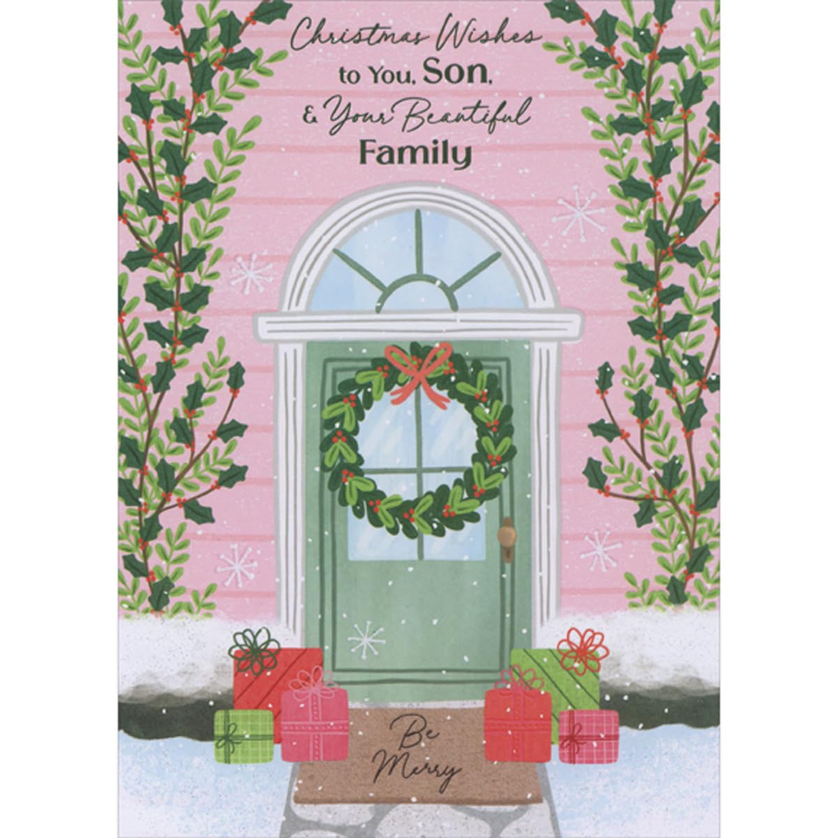 Designer Greetings Entrance to Pink Home, Door and Wreath Bordered by Tall Holly Vines Christmas Card for Son and Family