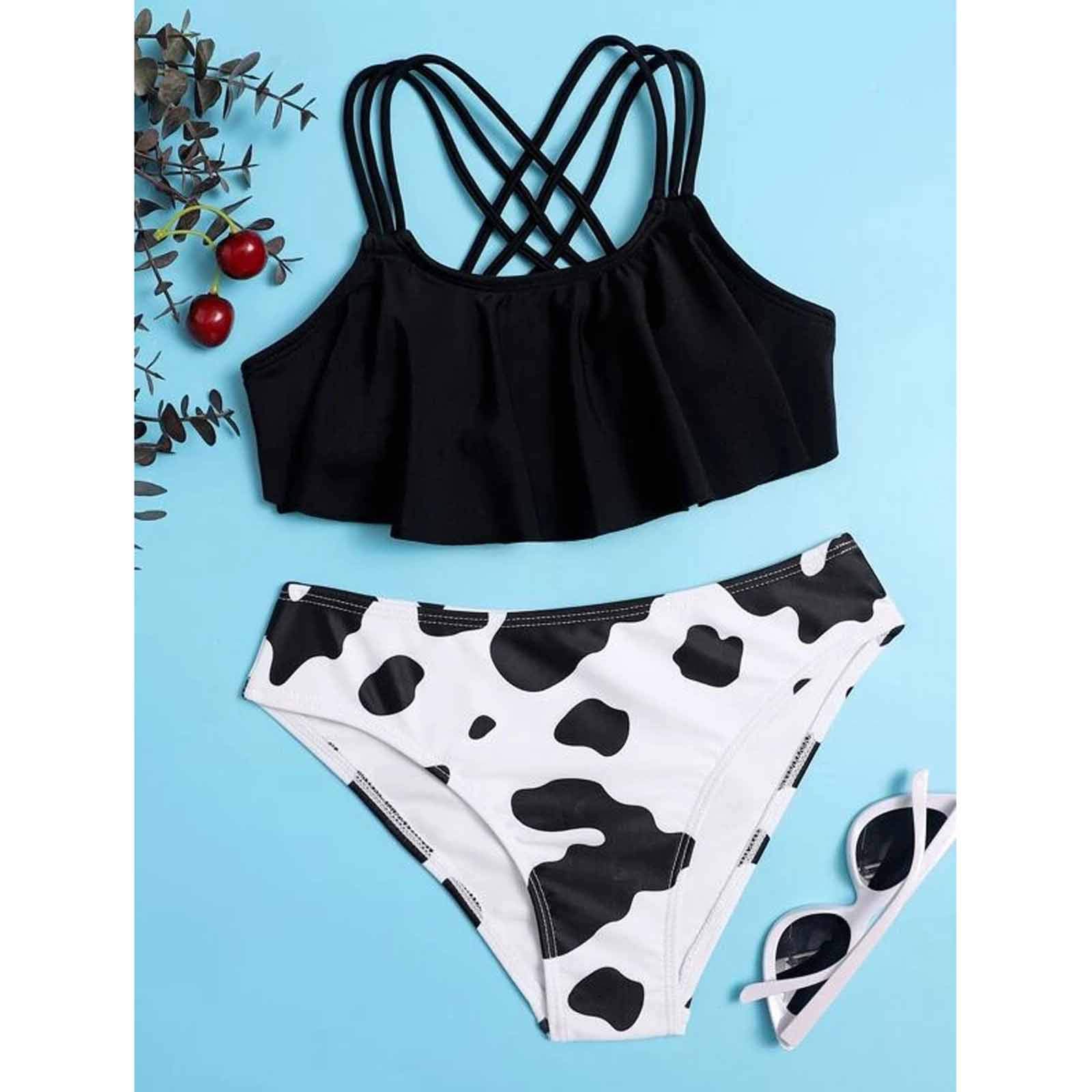 Traje de baño para niña adolescente, traje de baño para bebé, cruzado a través de la espalda, camiseta de vaca de verano, 2 piezas, bikini