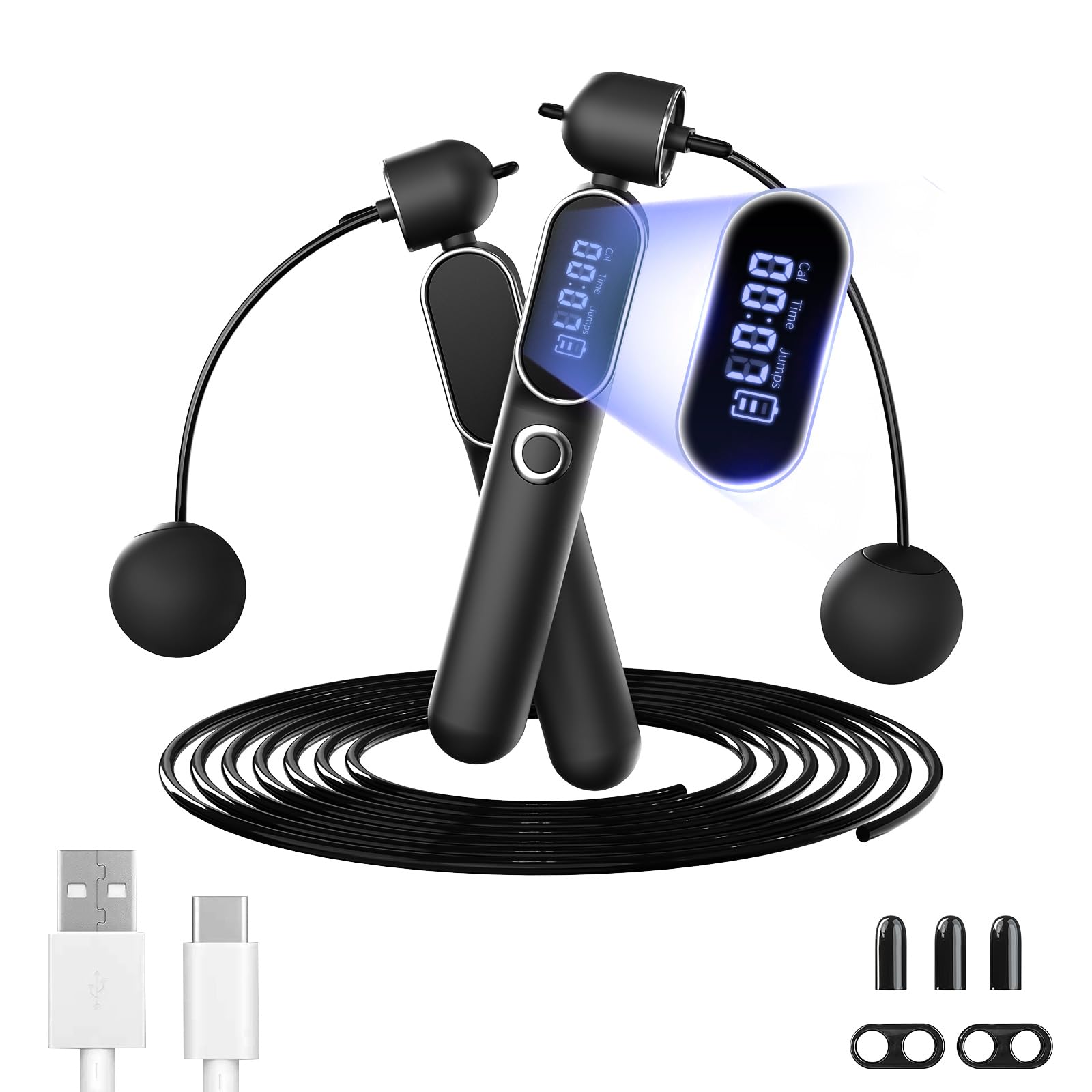 Cordless Jump Rope with Counter, 2 In 1 Weighted Ropeless Skipping Rope for Kids Women Men, Adjustable Digital Smart Jump Ropes for Fitness Workout Boxing Speed Training Home Gym