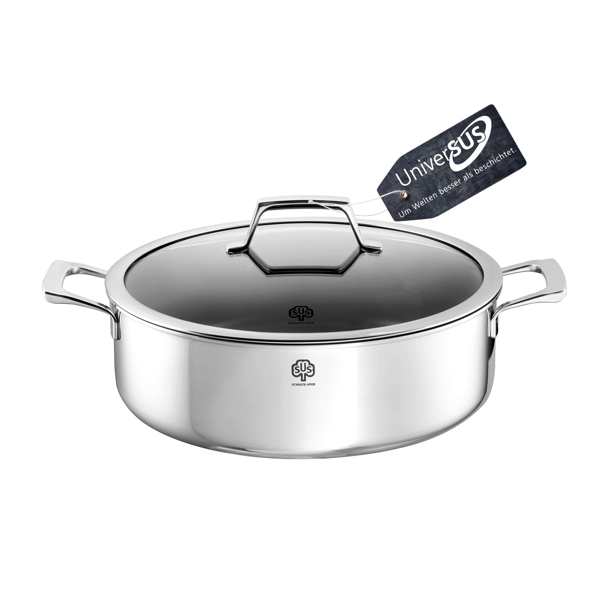 Schulte-Ufer Schmortopf Quasar mit UniverSUS-Oberflächenstruktur und Energiekern, ohne PFAS/PTFE, 9545-28, Edelstahl, 28 cm