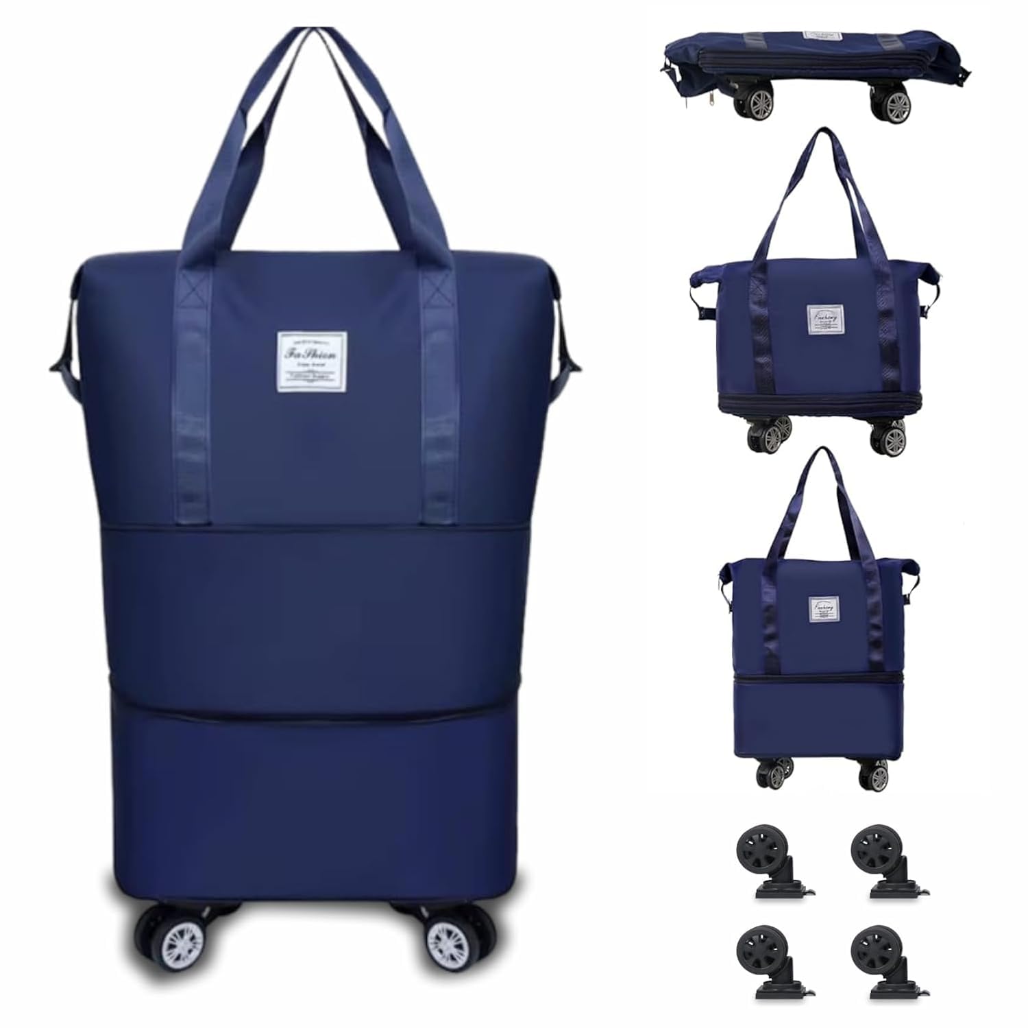 Folding Trolley Bag – Expandable Travel Duffle Bag with Detachable 360° Rotating Wheels, Ideal for Travel, Storage, and Organizing Essentials – 32 x 21 x 61 cm (Navy Blue)-image-14