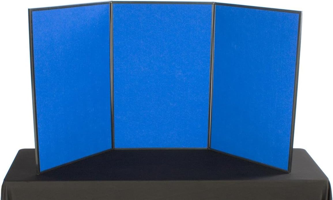 Tri Fold 3-Panel Display Board, 72 x 36, with Blue Hook & Loop-Receptive Fabric and Write-on Whiteboard