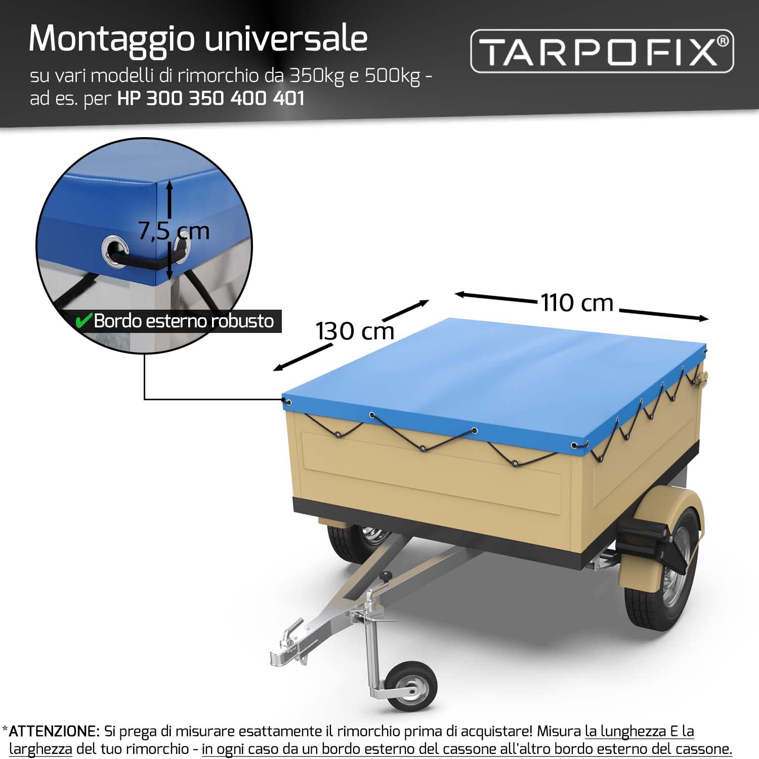 Tarpofix® Telone Professionale Per Rimorchi Auto - Copertura In PVC Rinforzato 212x123cm Con Corda - Foto 4