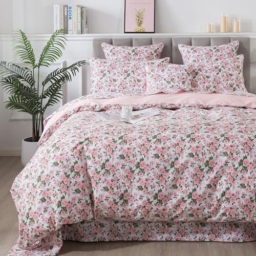 FADFAY Duvet Cover Set Twin Pink Rose Floral Bedding Vintage Peony Flower Quilt Cover Set Shabby Farmhouse Bedding 100% Cotton Ultra Soft Comforter Cover with Hidden Zipper Closure 3Pcs, Twin Size