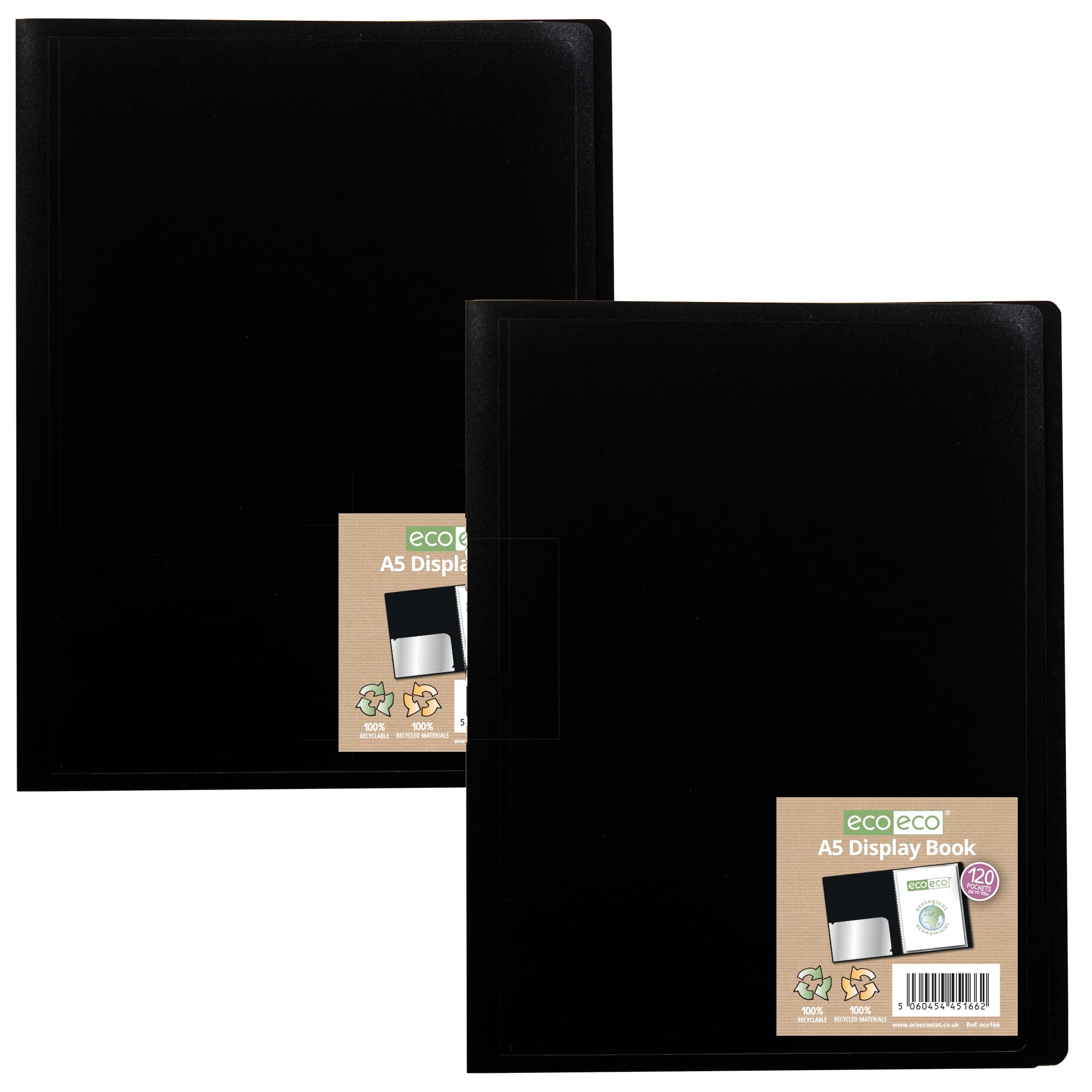 eco-eco A5 100% Recycled 120 Pocket Black Flexible Cover Portfolio Book Folder Display Book, Pack of 2 Folders, eco166x2