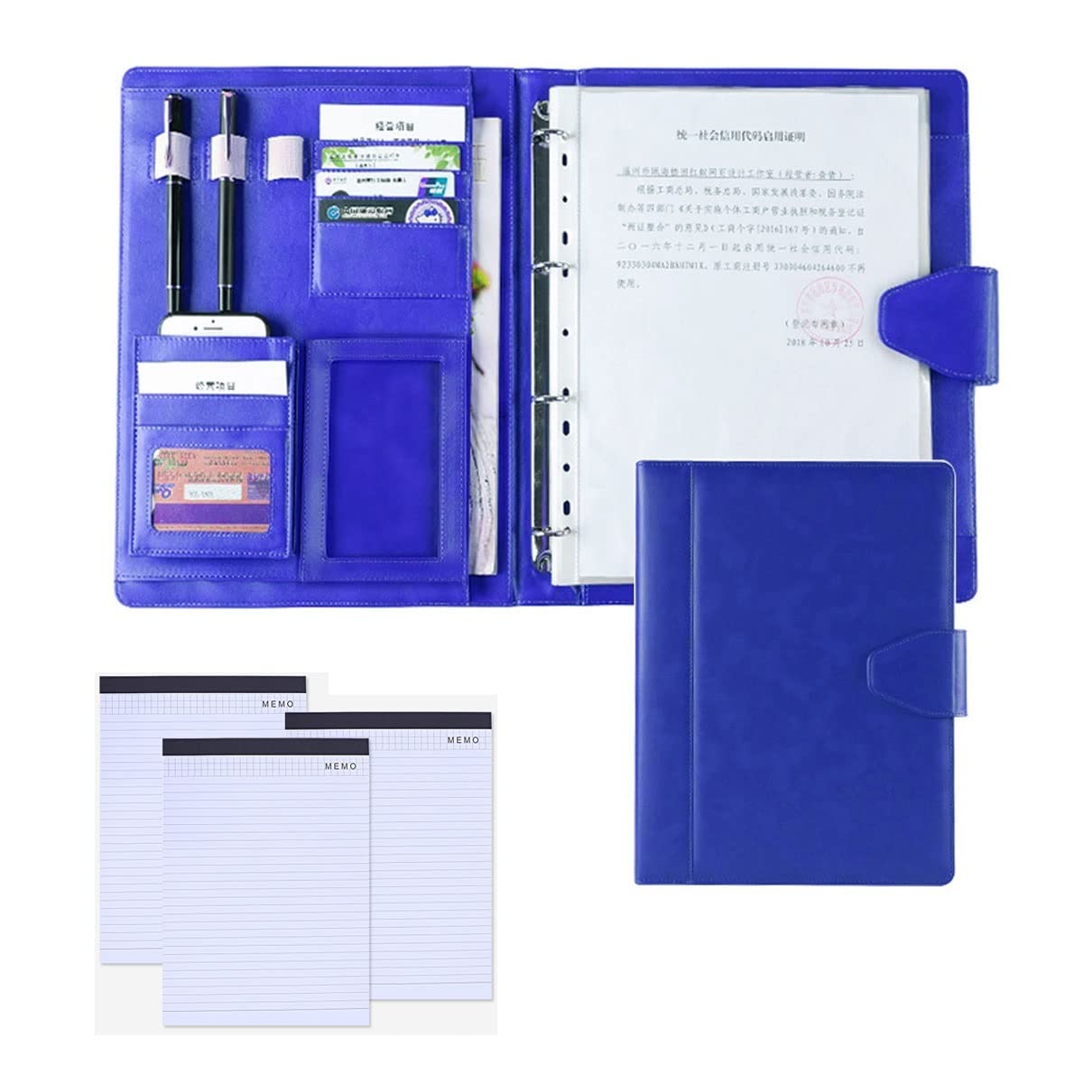 Portfolio A4 anti-perte de documents avec organiseur bleu et bloc-notes rechargeable intégré