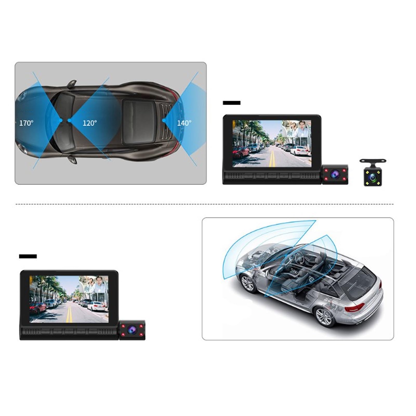 Dash Cam a 3 Canali Anteriore e Posteriore Interna, Tripla Telecamera per Auto 1080P con Touch Screen IPS da 4,0, Grandangolo da 170°, Visione Notturna, modalità Parcheggio 24