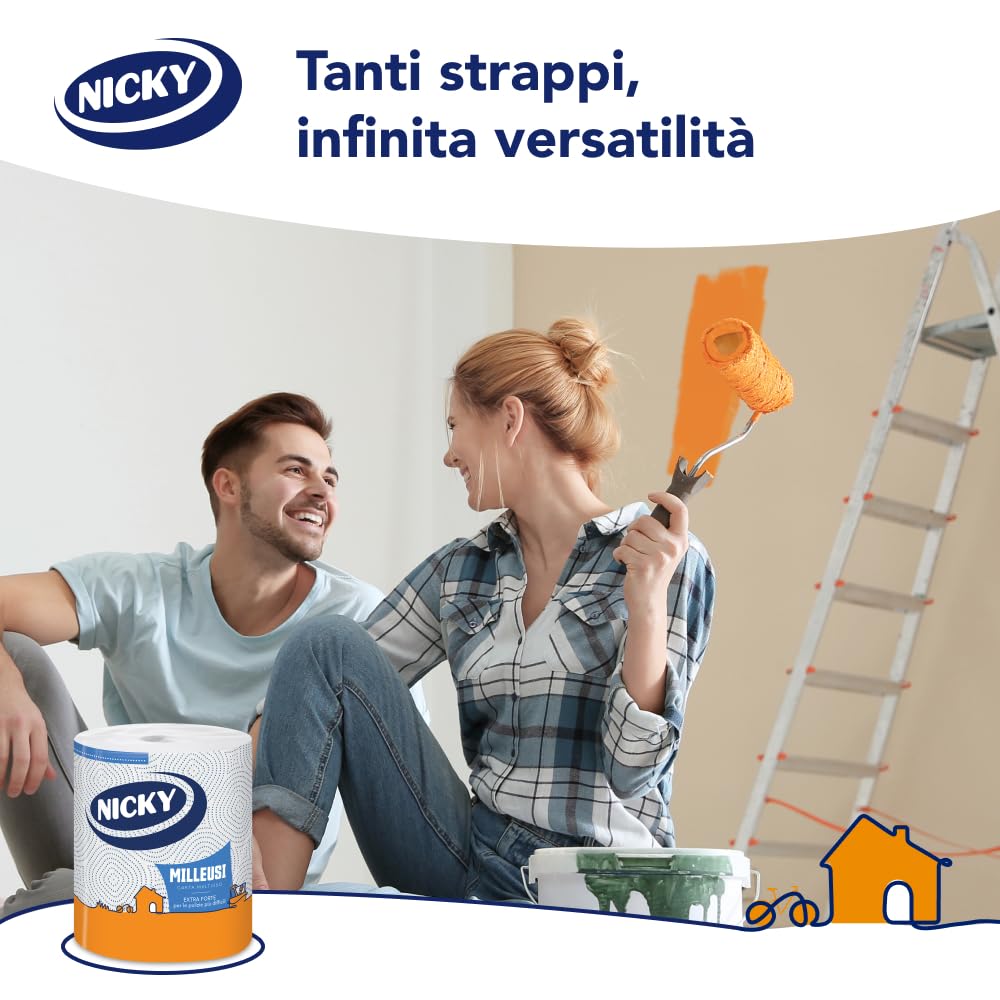 Nicky Milleusi Forte – 8 Rotoli di Carta Multiuso, 180 Resistenti Fogli a 3 Veli, Per le Pulizie Più Difficili, Lunghezza Extra e Infinita Versatilità, Carta 100% Certificata FSC