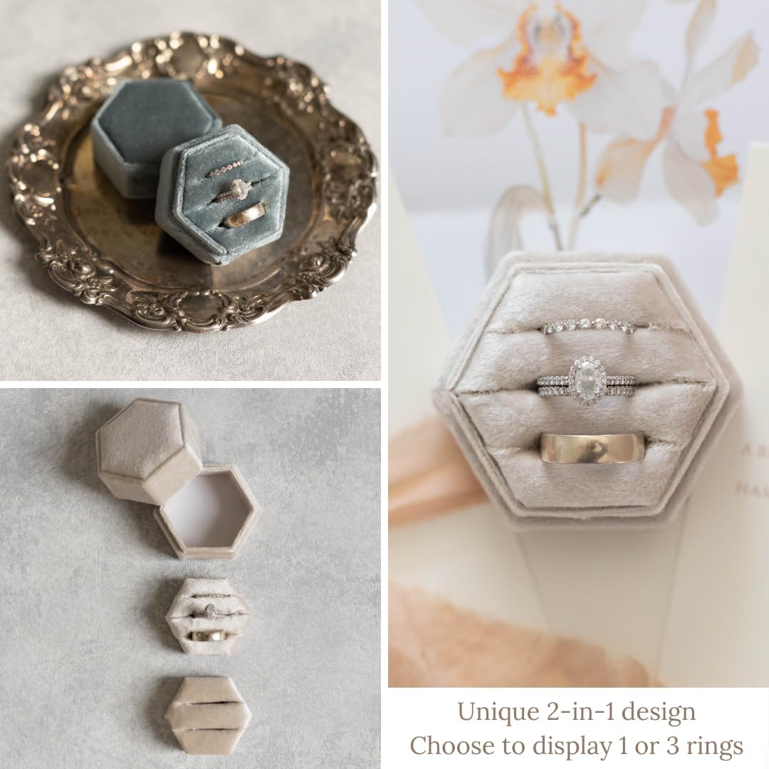 Wed & Whimsy Velvet 2-in-1 Elegant Champagne Engagement or Wedding Day Ring Box with 3 Slots or Single Slot | Hexagon Wedding Ring Box for Ceremony or Proposal Beige/Gold