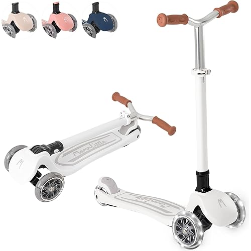 MomnLittle Kick Scooter for Kids Ages 3-10 (Beige/Pink/Navy/White) 3 Wheeled with LED Light-Up Wheels CPSC Certified Foldable and 4 Height Adjustable Toddler Scooters for Boys Girls