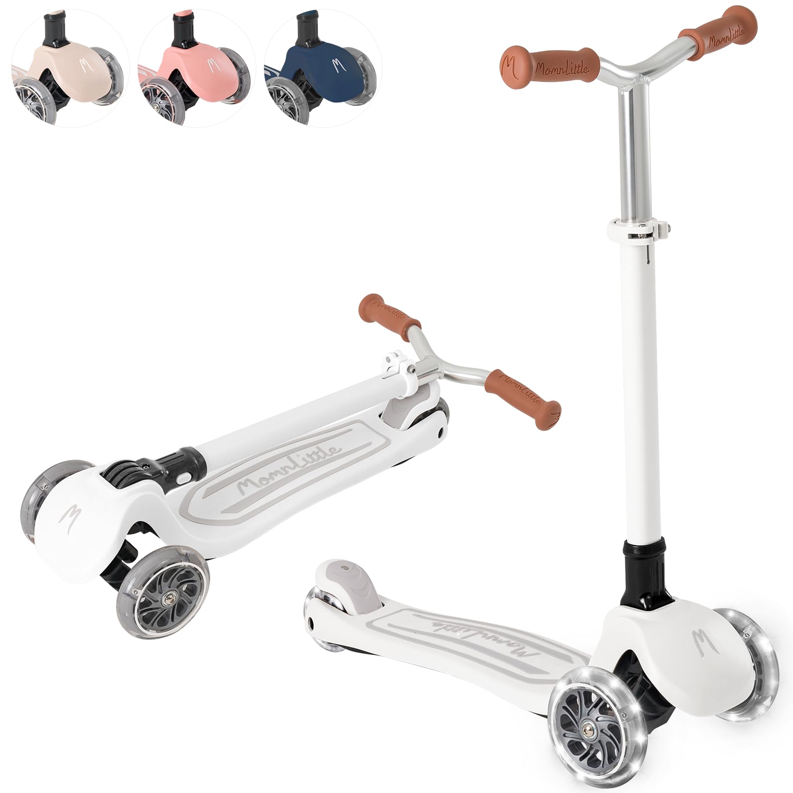 MomnLittle Kick Scooter for Kids Ages 3-10 (Beige/Pink/Navy/White) 3 Wheeled with LED Light-Up Wheels CPSC Certified Foldable and 4 Height Adjustable