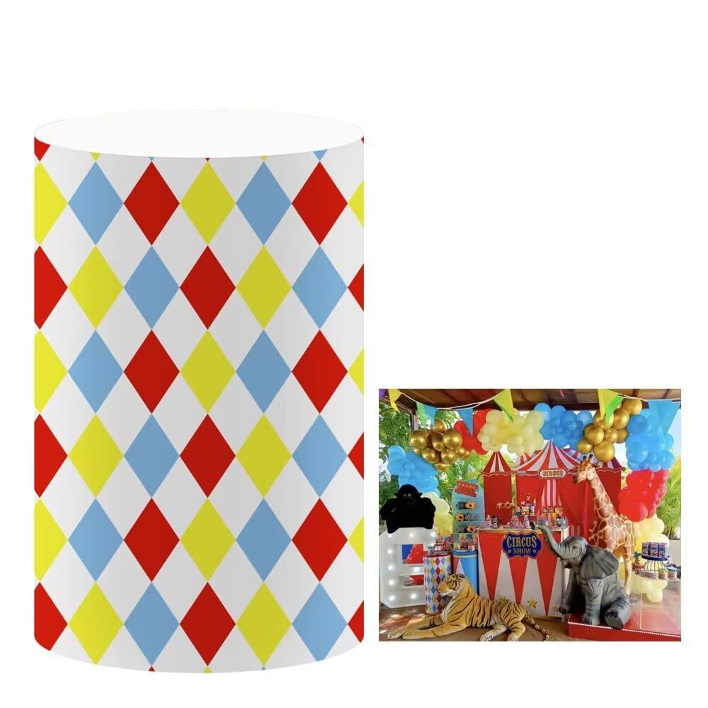 KONPON Circus Theme Cylinder Plinth Covers for Carnival Parties Yellow Blue Red Lozenge Pedestal Fabric Cover Baby Shower Kids Birthday Party