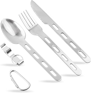 Anseom Camping Cutlery Set, Tableware Kit with Spoon Spork Knife Bottle Opener Fork and Spoon Set with Carabiner for Outdoor Travel Hiking Picnic Office School