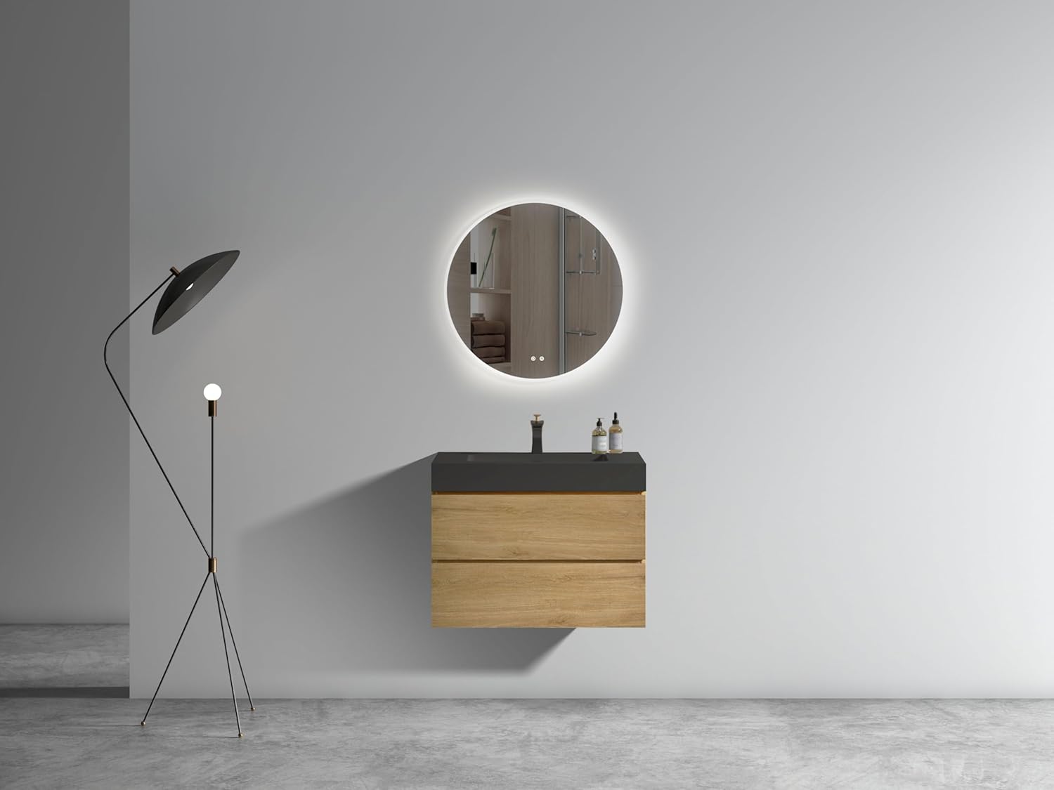 30" Floating Vanity Bathroom Vanity with Sink, 2 Soft Close Drawers Wall Mounted Bathroom Vanity with Black Sink Without Drain and Faucet, Natural