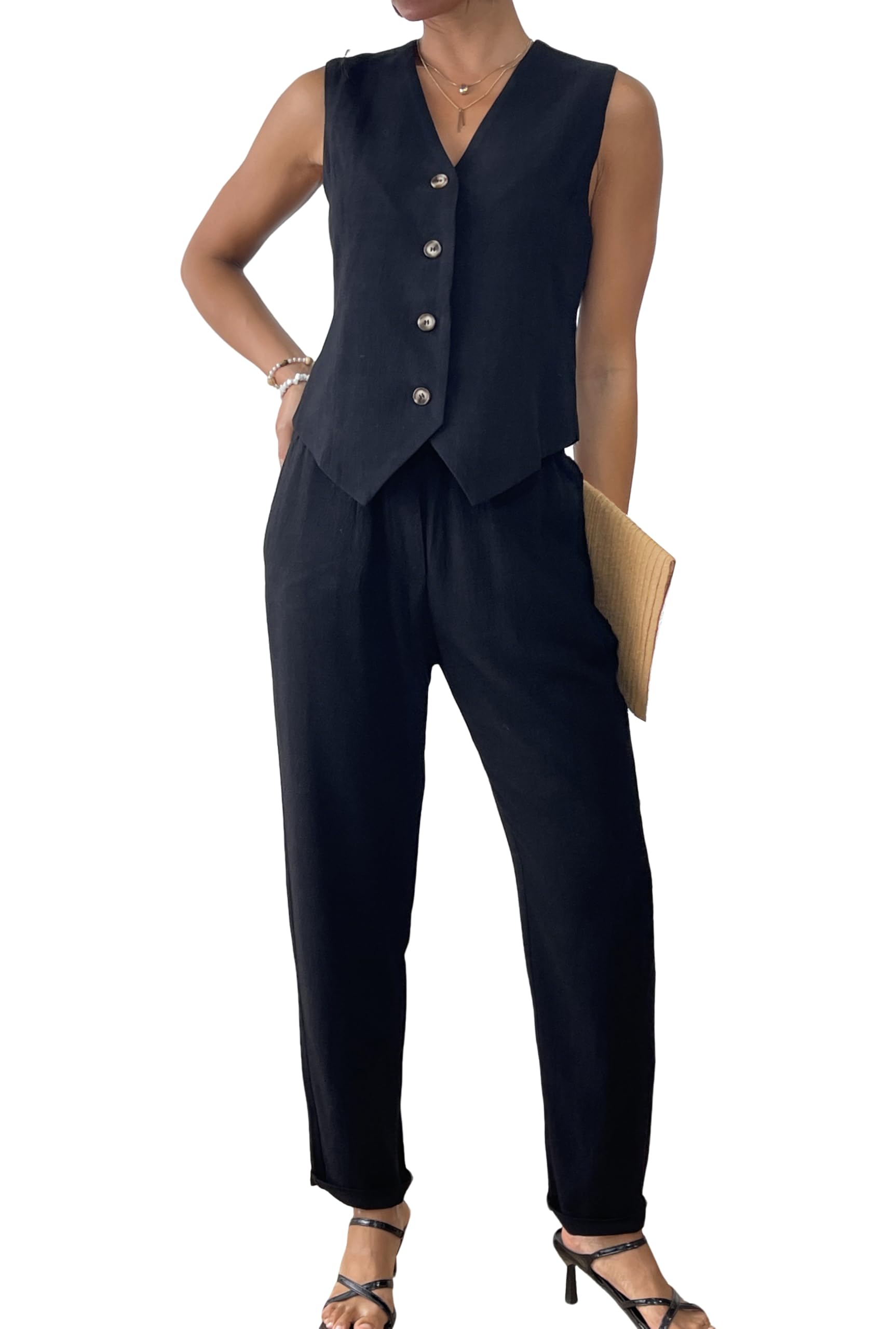 Womens 2 Piece Outfits Linen Vest Waistcoat Dressy Business Casual Sets Summer Tapered Pants Suits