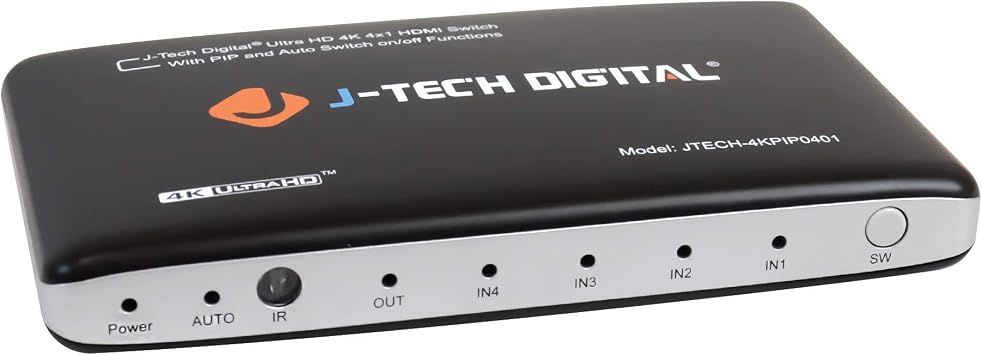 J-Tech Digital 4K@30Hz 4-Port HDMI Switch with PiP, IR Remote Control, HDCP1.4, Auto-Switch ON/Off, Control4 Driver [JTECH-4KPIP0401]