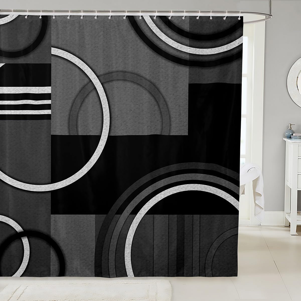 Decorative Red Black Gray Circle Shower Curtain Waterproof Polyester Fabric,Retro Circle Stripes Bath Curtain Home Bathroom Decor Hanging Curtain with Hooks 72 x 78 Inch,Machine Washable