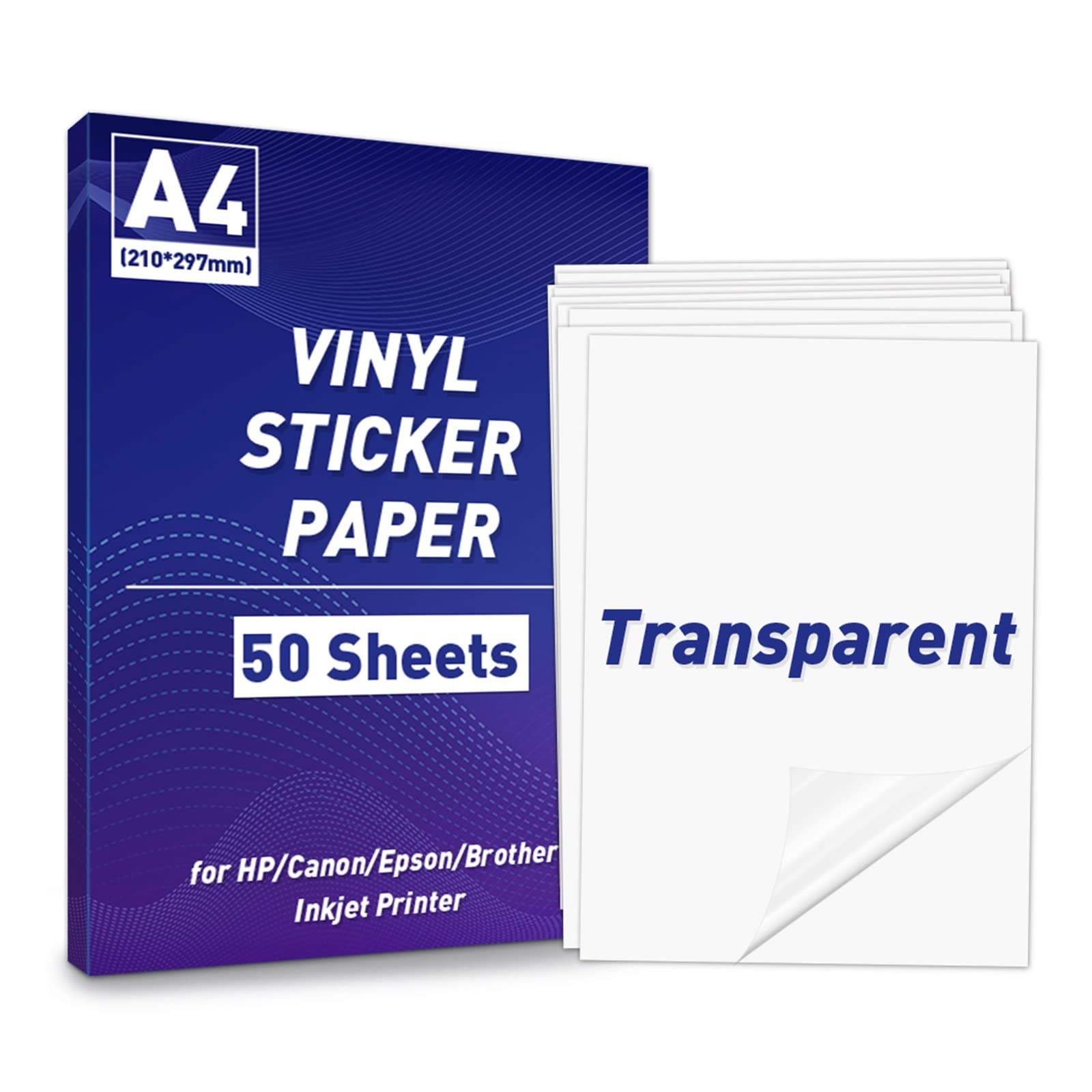 50 Stück transparentes, selbstklebendes Druckerpapier, A4, selbstklebend, glänzend, transparent, Etikettenaufkleber for Tintenstrahldrucker, 297 x 210 mm Lucky (Color : 50 Sheets)