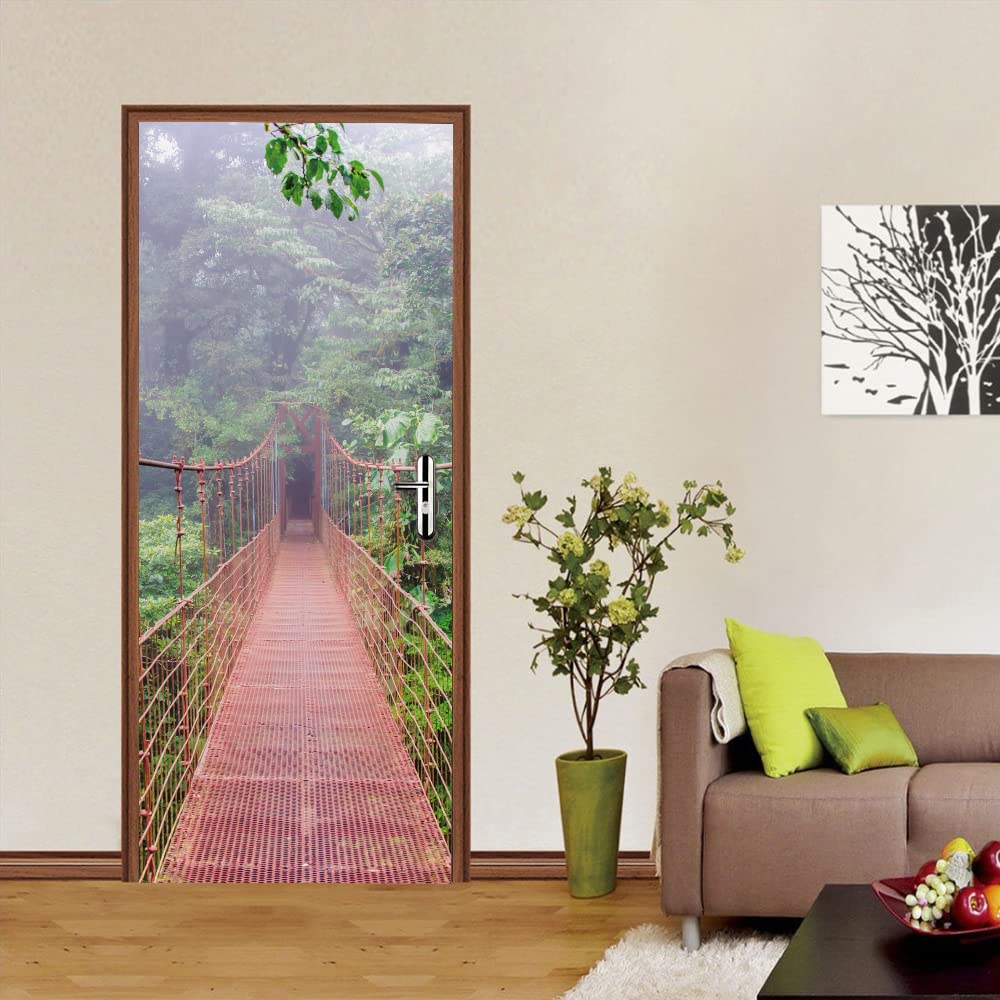 Sticker Porte Trompe-l'œil 3D Pont Suspendu – Papier Peint Adhésif 77x200 Cm, Effet Réaliste Pour Salon, Chambre, Cuisine, SDB