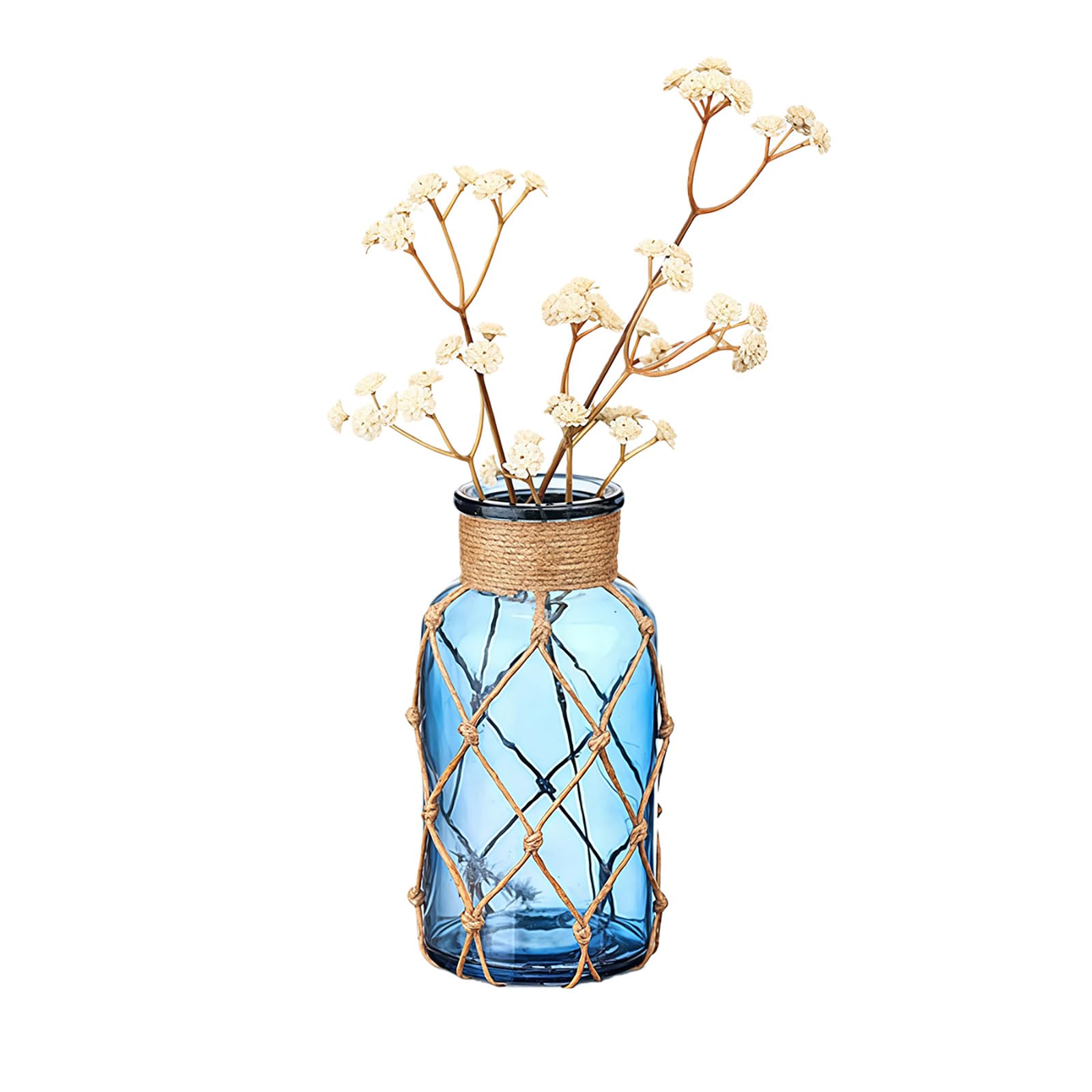 Photo 1 of 16x8 cm/6.3x3 Inch Blue Glass Flower Vase with Rope Wrapping Small Decorative Floral Bottle Bud Vase for Table Centerpiece Home Wedding Bedroom Living Room Office