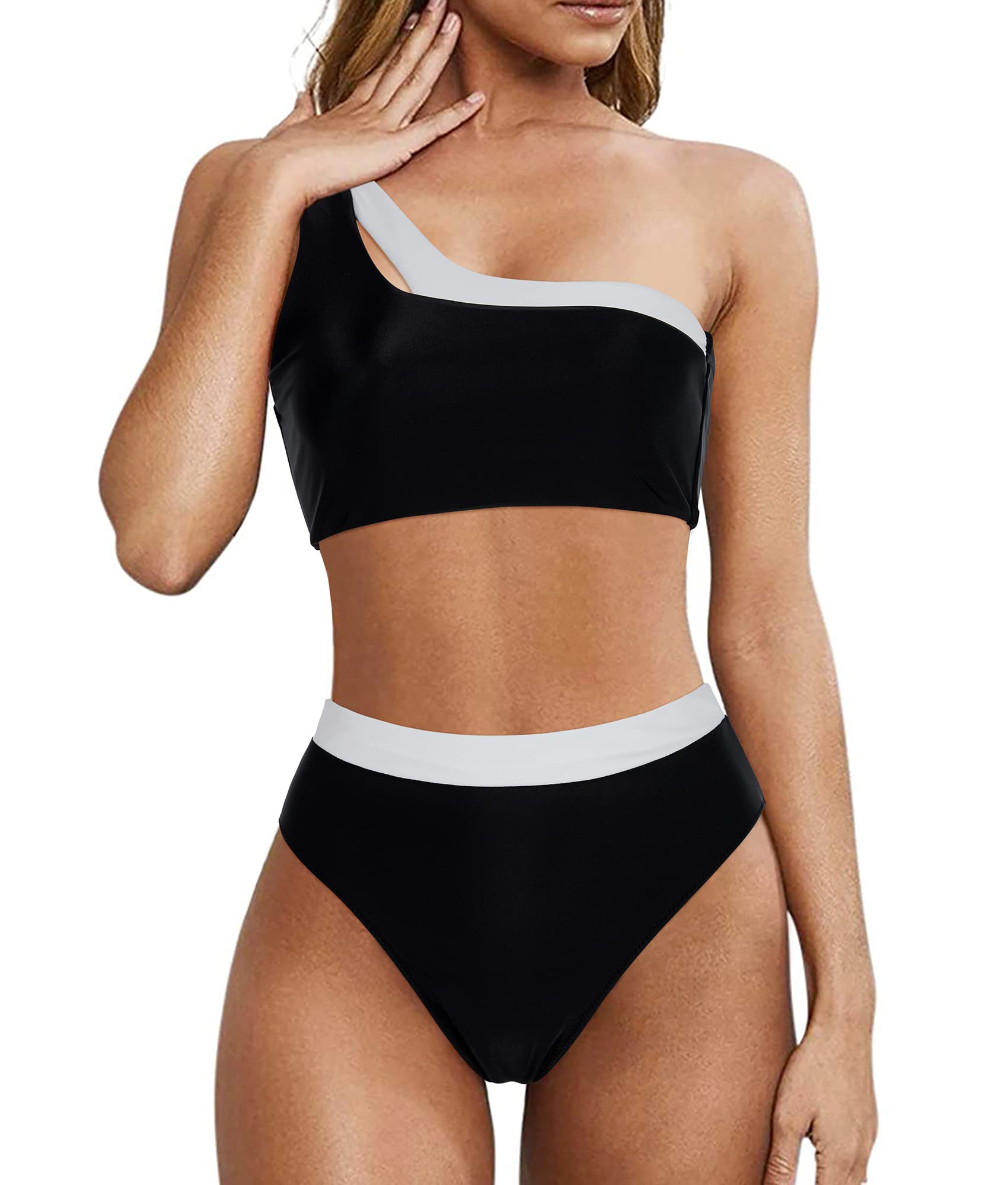 MOOSLOVER Women Cutout One Shoulder High Waisted Bikini High Cut Two Piece Swimsuits