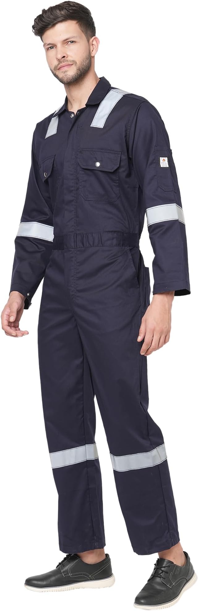 FRENCH TERRAINยฎ MEN'S 100% COTTON FIRE RETARDANT INDUSTRIAL WORK WEAR COVERALL BOILER SUIT WITH REFLECTIVE TAPE 240 GSM (S_NAVY BLUE)